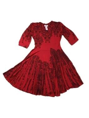 Large Midi Dress Red Knit Black Flourish Print A-Line Pleats Elbow Sleeves NEW